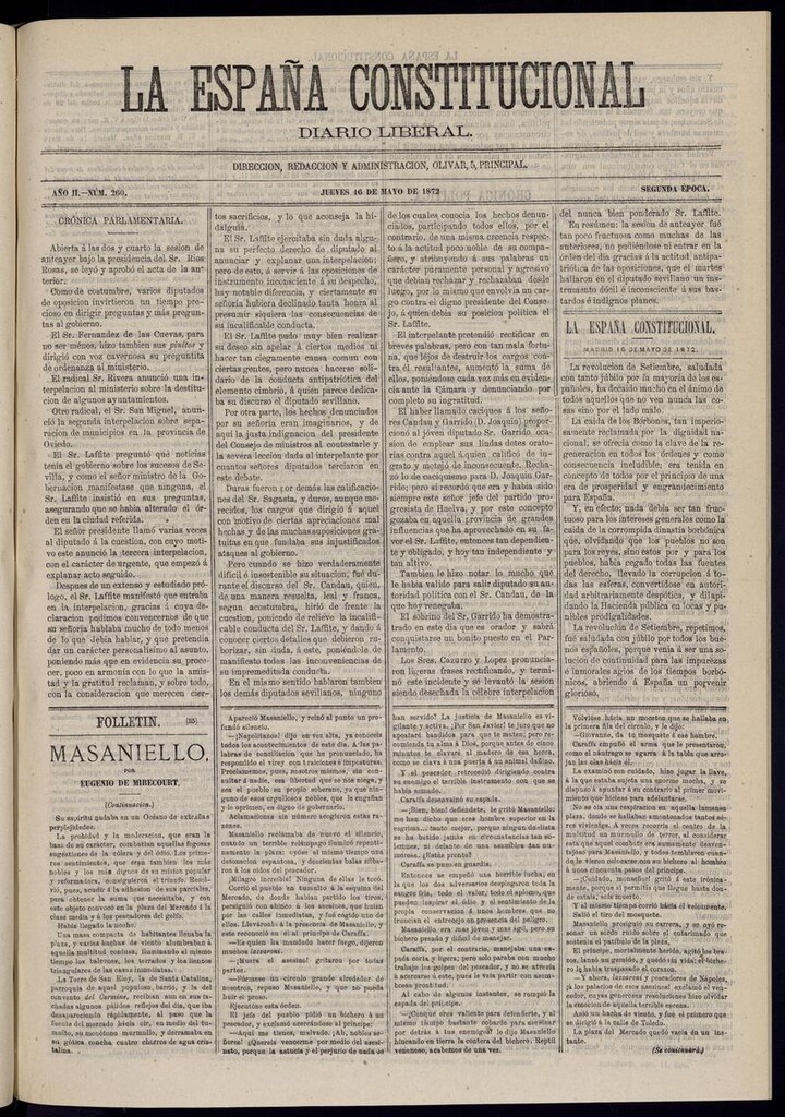 Miniatura de La España Constitucional: diario liberal del jueves 16 de mayo de 1872. Número 260
