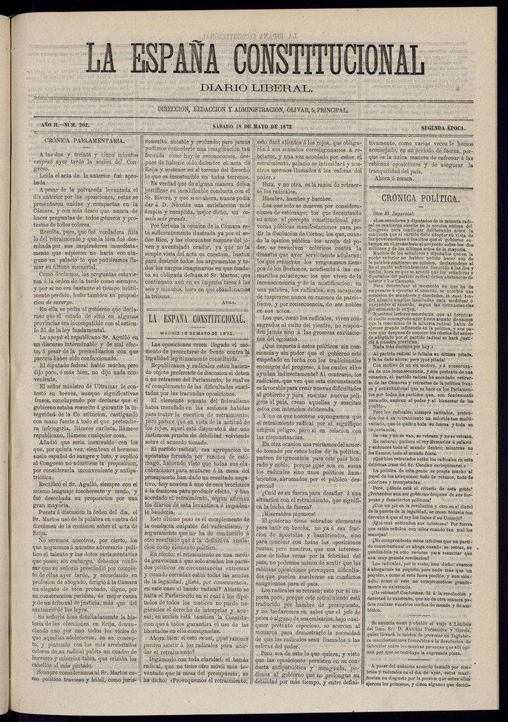 Miniatura de La España Constitucional: diario liberal del sábado 18 de mayo de 1872. Número 262