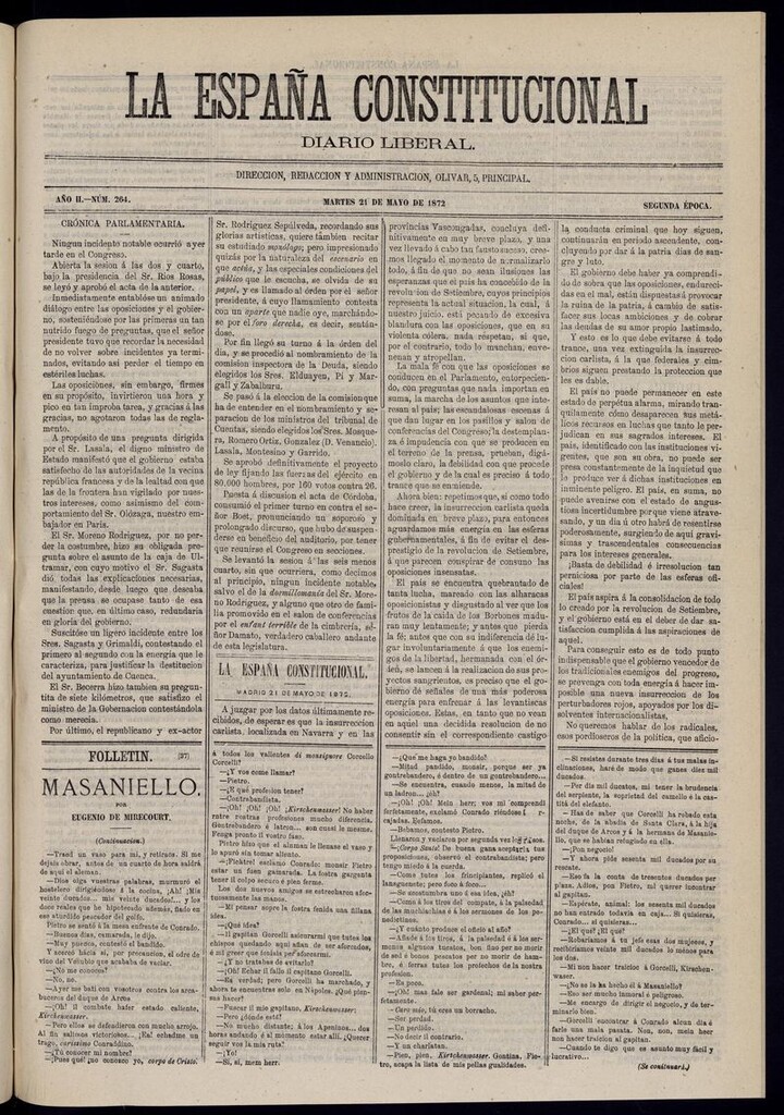 Miniatura de La España Constitucional: diario liberal del martes 21 de mayo de 1872. Número 264