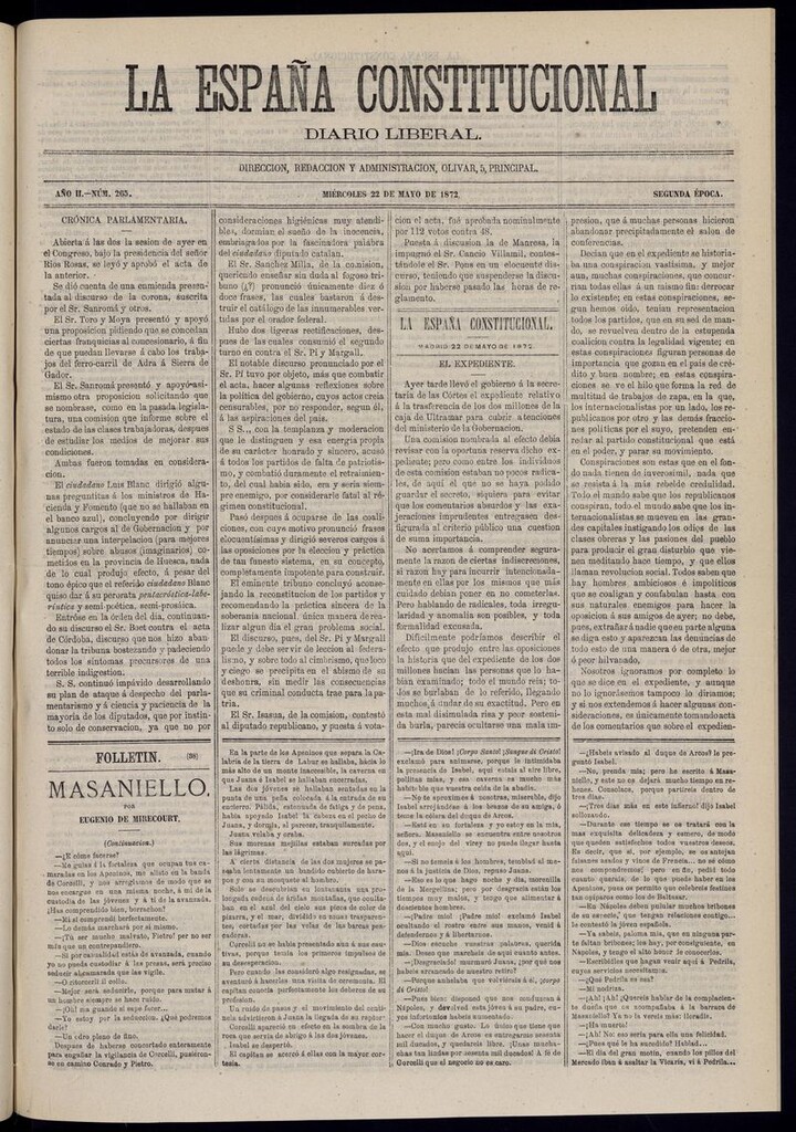 Miniatura de La España Constitucional: diario liberal del miércoles 22 de mayo de 1872. Número 265