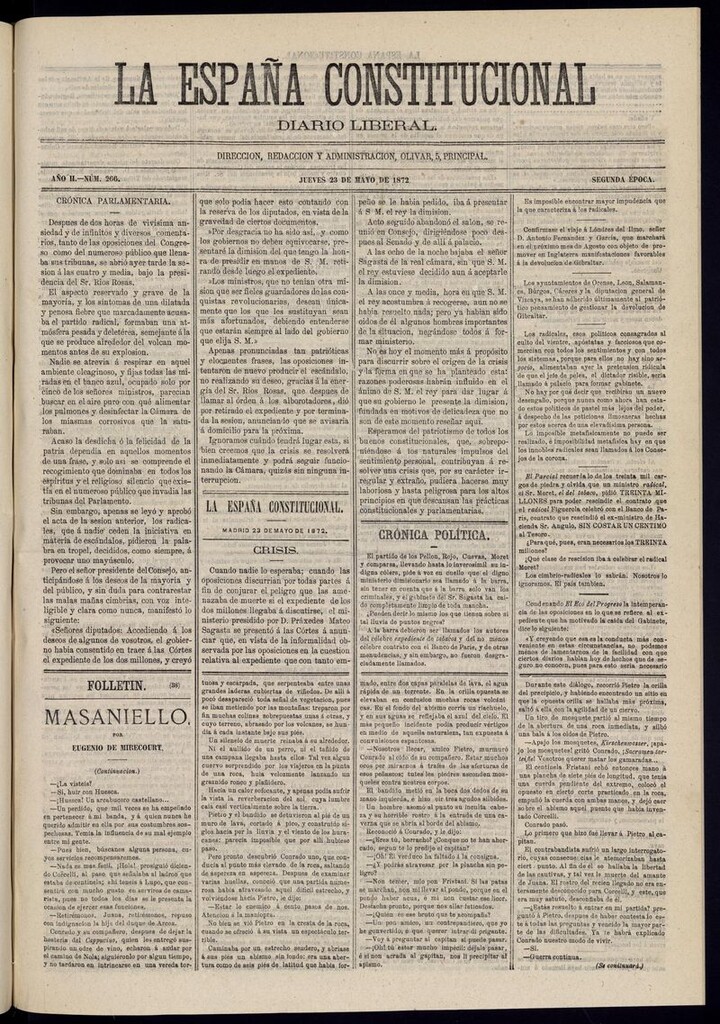 Miniatura de La España Constitucional: diario liberal del jueves 23 de mayo de 1872. Número 266