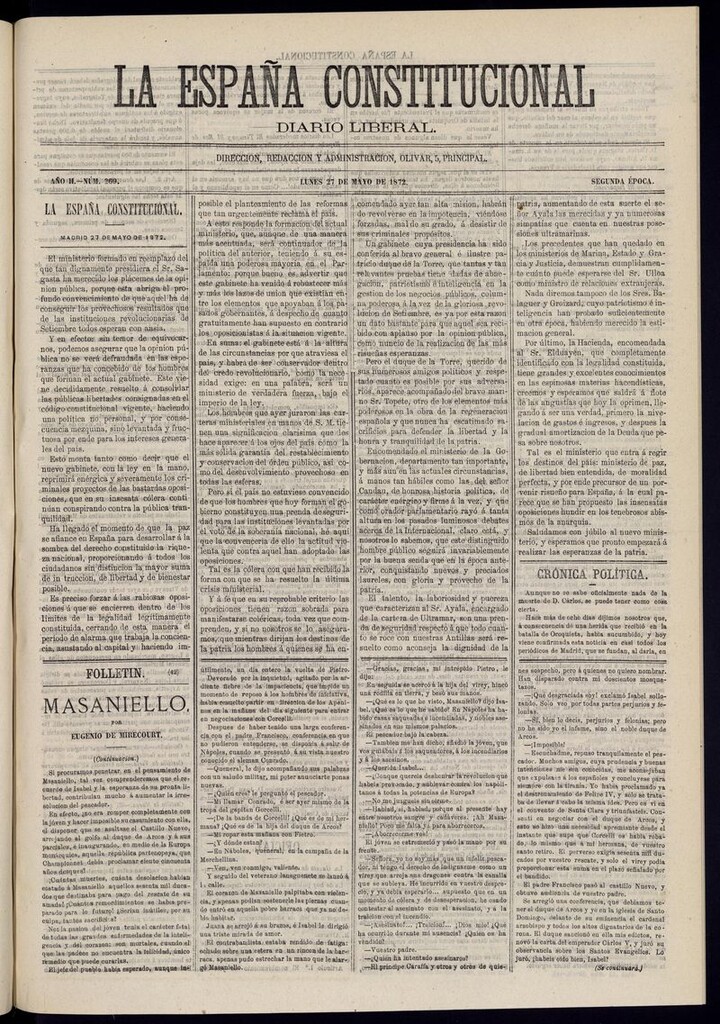 Miniatura de La España Constitucional: diario liberal del lunes 27 de mayo de 1872. Número 269
