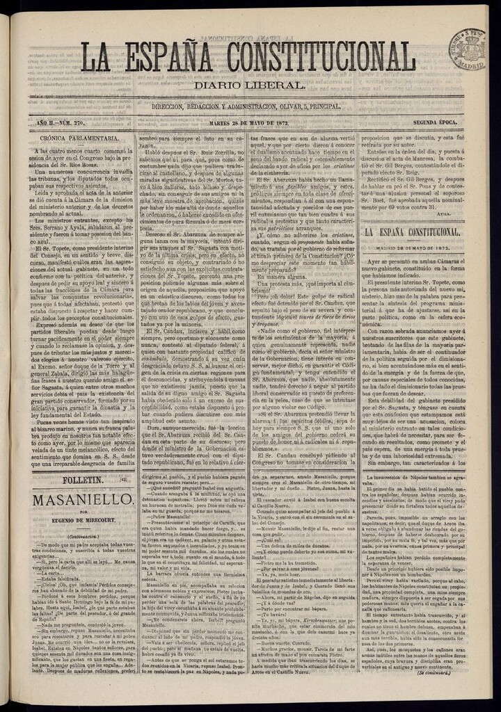 Miniatura de La España Constitucional: diario liberal del martes 28 de mayo de 1872. Número 270