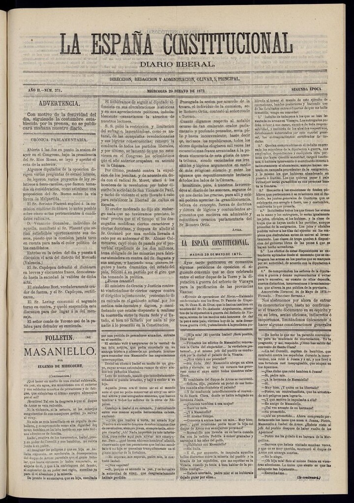 Miniatura de La España Constitucional: diario liberal del miércoles 29 de mayo de 1872. Número 271