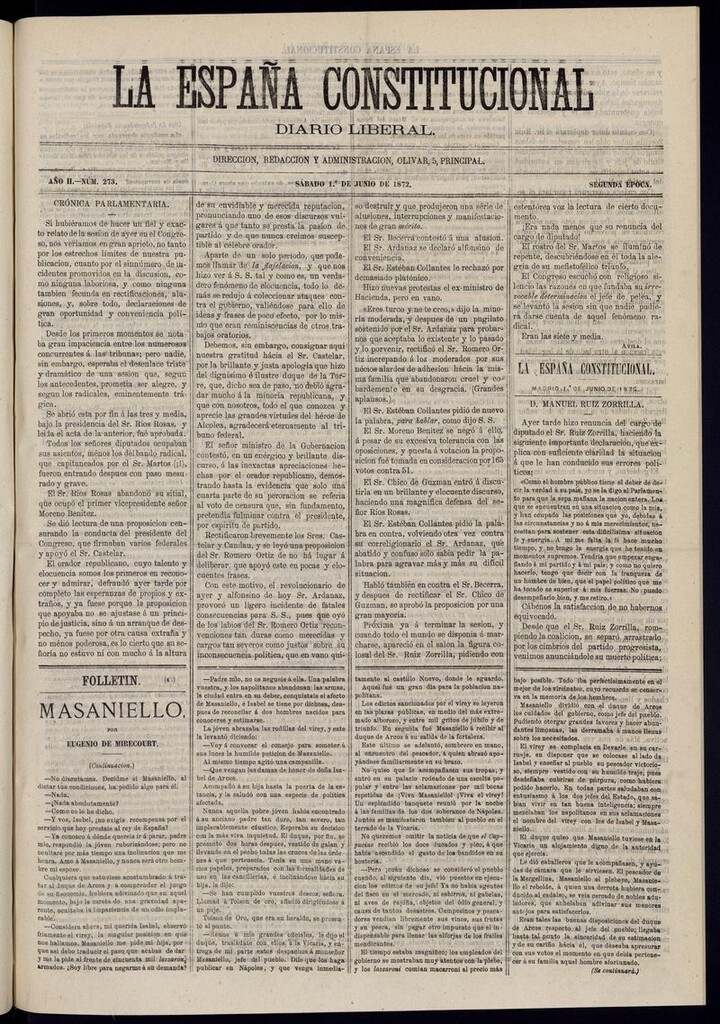 Miniatura de La España Constitucional: diario liberal del sábado 1 de junio de 1872. Número 273