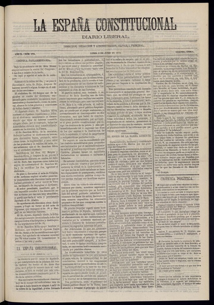Miniatura de La España Constitucional: diario liberal del lunes 3 de junio de 1872. Número 274