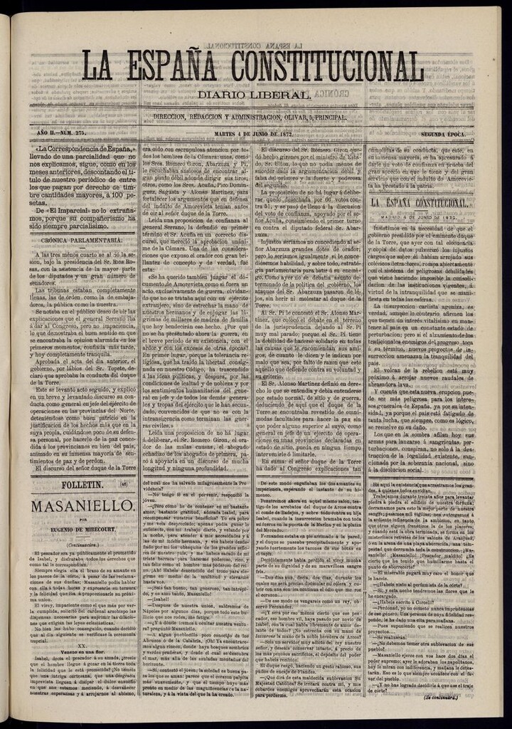 Miniatura de La España Constitucional: diario liberal del martes 4 de junio de 1872. Número 275