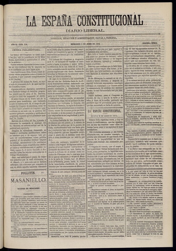 Miniatura de La España Constitucional: diario liberal del miércoels 5 de junio de 1872. Número 276