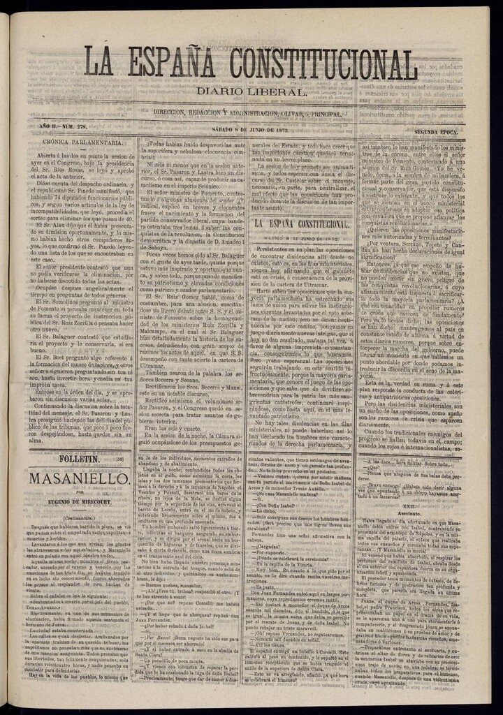Miniatura de La España Constitucional: diario liberal del sábado 8 de junio de 1872. Número 278