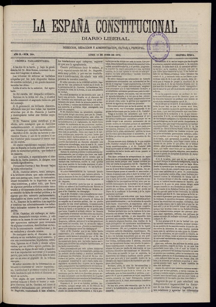 Miniatura de La España Constitucional: diario liberal del lunes 10 de junio de 1872. Número 280