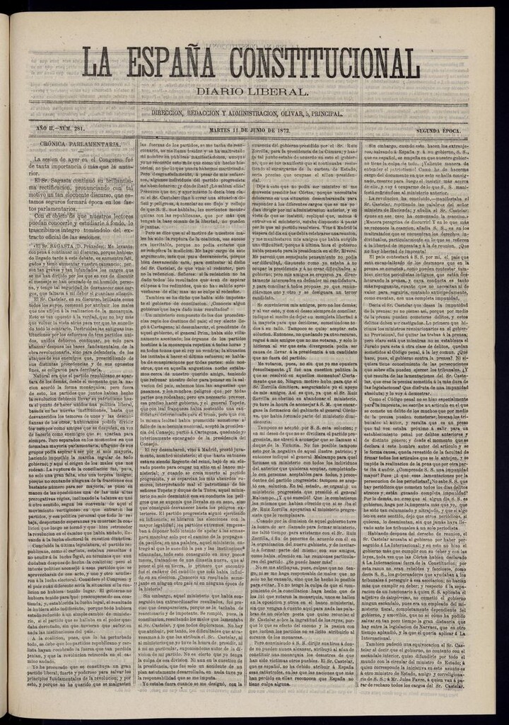 Miniatura de La España Constitucional: diario liberal del martes 11 de junio de 1872. Número 281