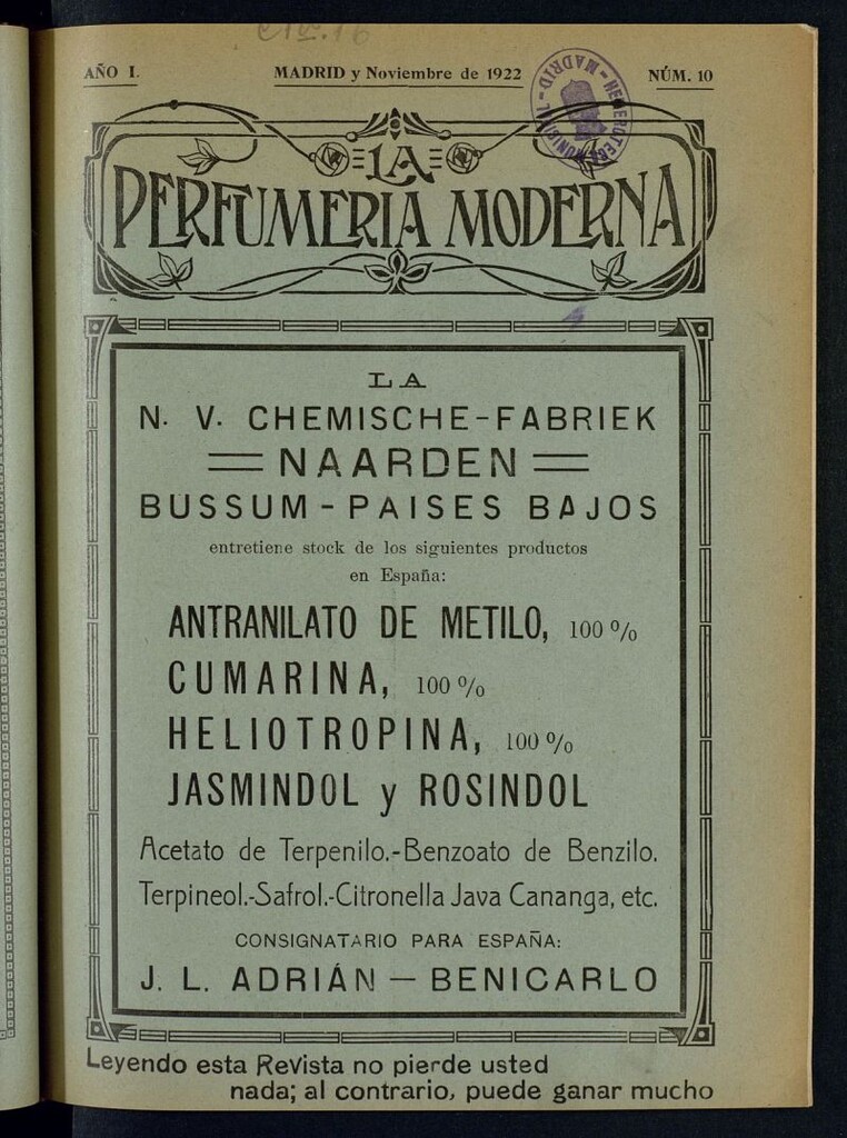 Miniatura de La Perfumería Moderna : revista mensual de perfumería, jabonería, licores e industrias similares. N 10