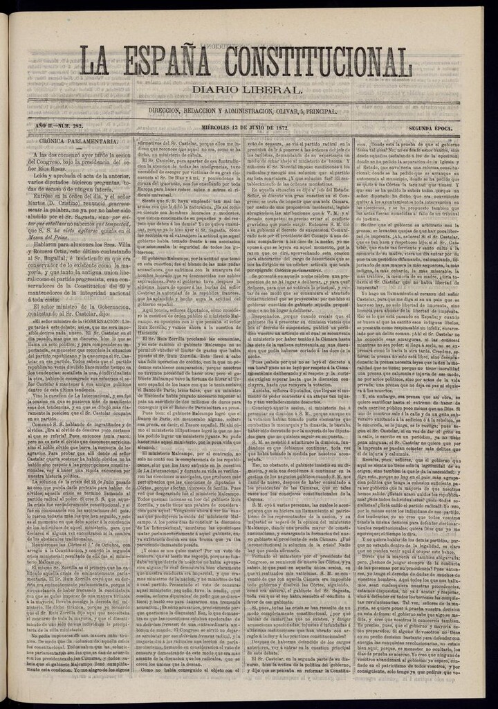 Miniatura de La España Constitucional: diario liberal del miércoles 12 de junio de 1872. Número 282