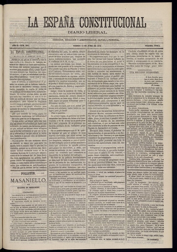 Miniatura de La España Constitucional: diario liberal del viernes 14 de junio de 1872. Número 284 [sic]