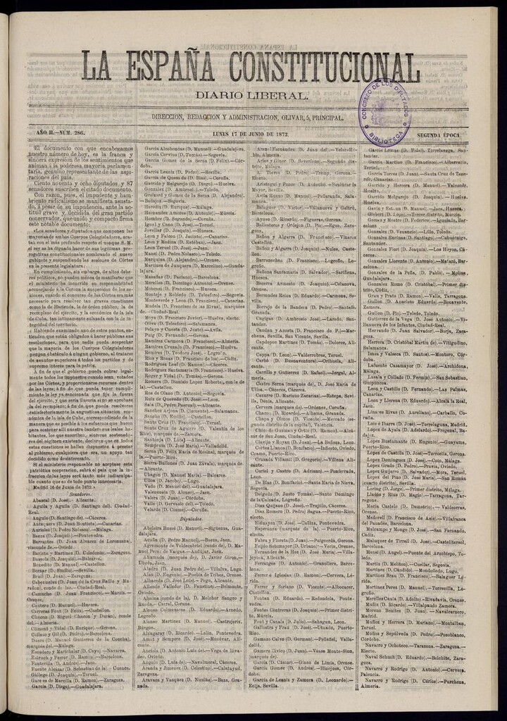 Miniatura de La España Constitucional: diario liberal del lunes 17 de junio de 1872. Número 286