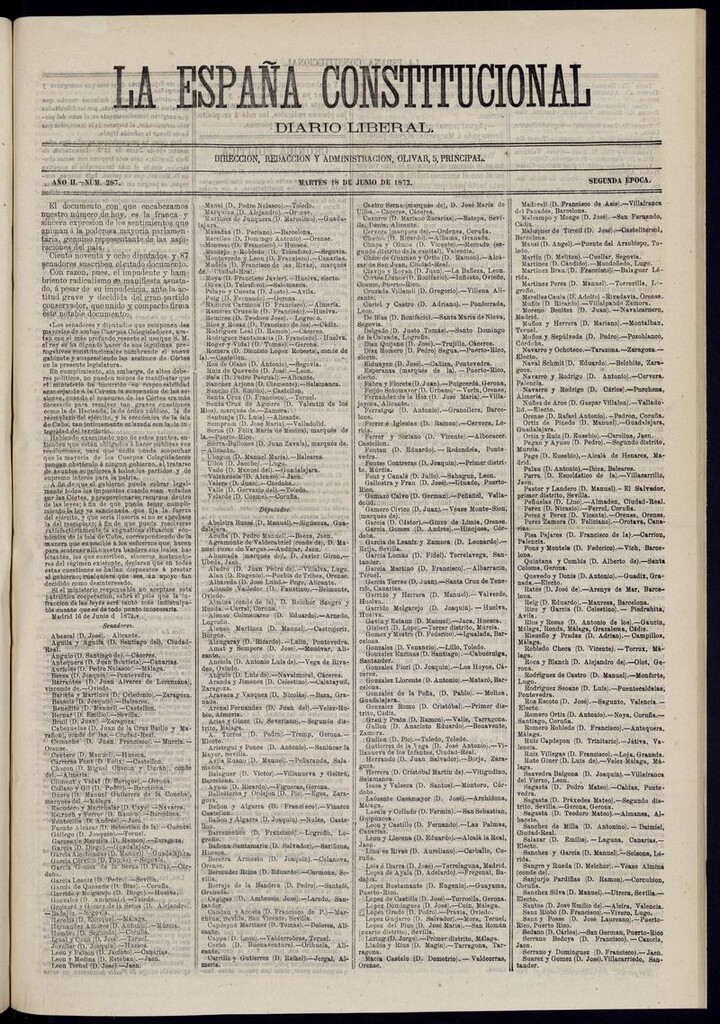 Miniatura de La España Constitucional: diario liberal del martes 18 de junio de 1872. Número 287