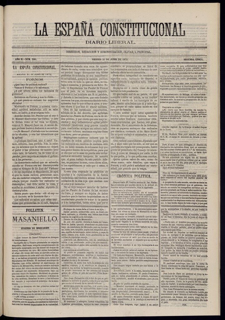 Miniatura de La España Constitucional: diario liberal del lunes 21 de junio de 1872. Número 290