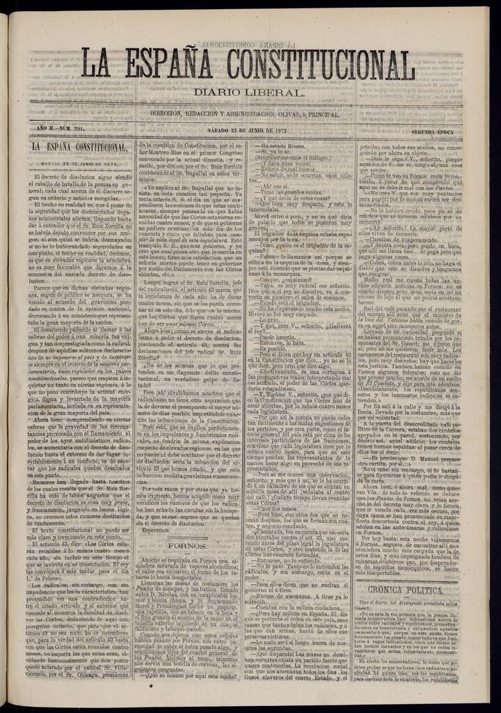 Miniatura de La España Constitucional: diario liberal del lunes 22 de junio de 1872. Número 291