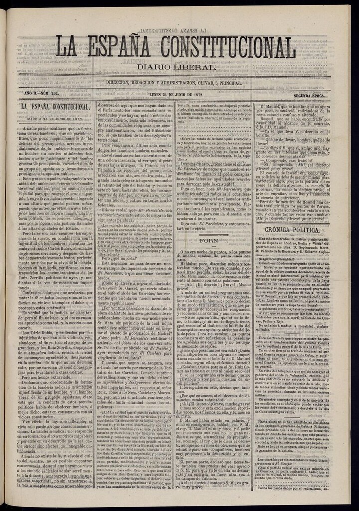Miniatura de La España Constitucional: diario liberal del lunes 24 de junio de 1872. Número 292