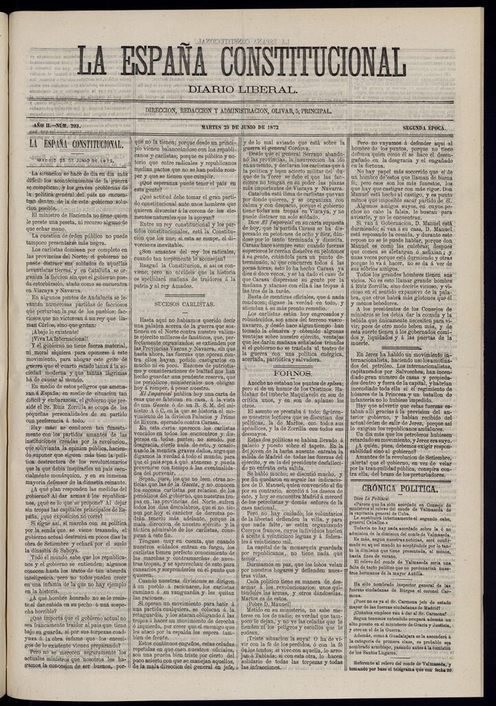 Miniatura de La España Constitucional: diario liberal del martes 25 de junio de 1872. Número 293