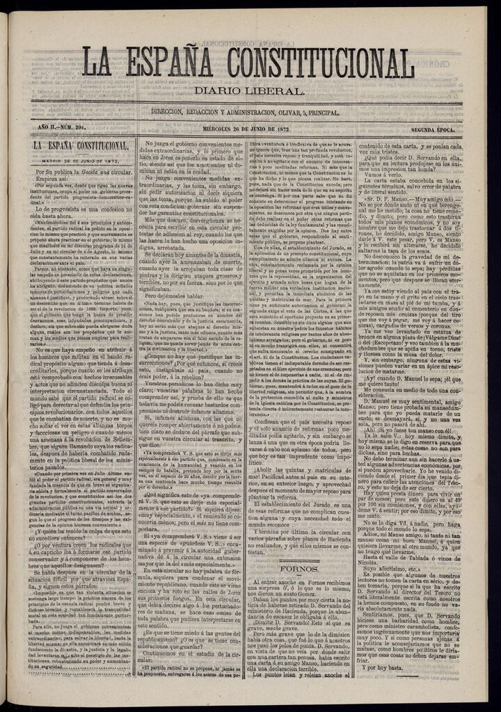 Miniatura de La España Constitucional: diario liberal del miércoles 26 de junio de 1872. Número 294