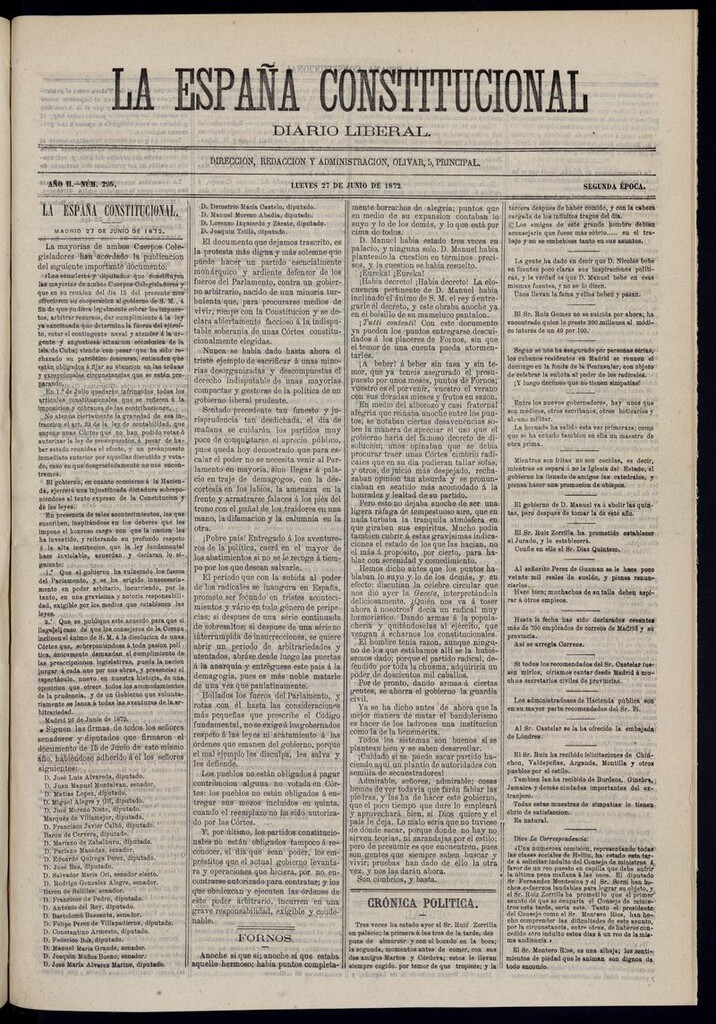 Miniatura de La España Constitucional: diario liberal del jueves 27 de junio de 1872. Número 295