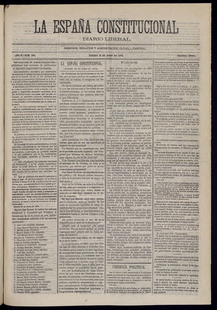 Miniatura de La España Constitucional: diario liberal del viernes 28 de junio de 1872. Número 296