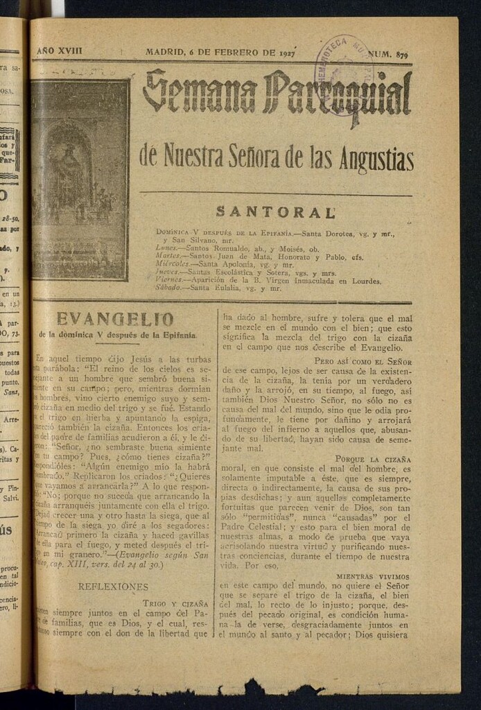 Miniatura de Semana Parroquial de Nuestra Señora de las Angustias del 6 de febrero de 1927