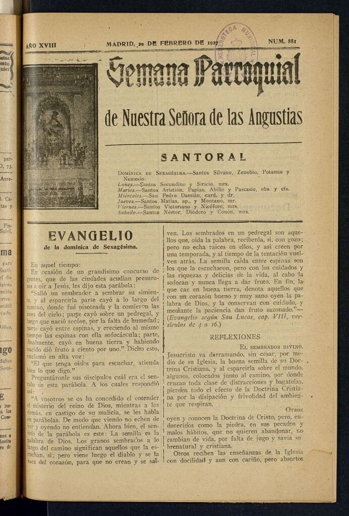 Miniatura de Semana Parroquial de Nuestra Señora de las Angustias del 20 de febrero de 1927