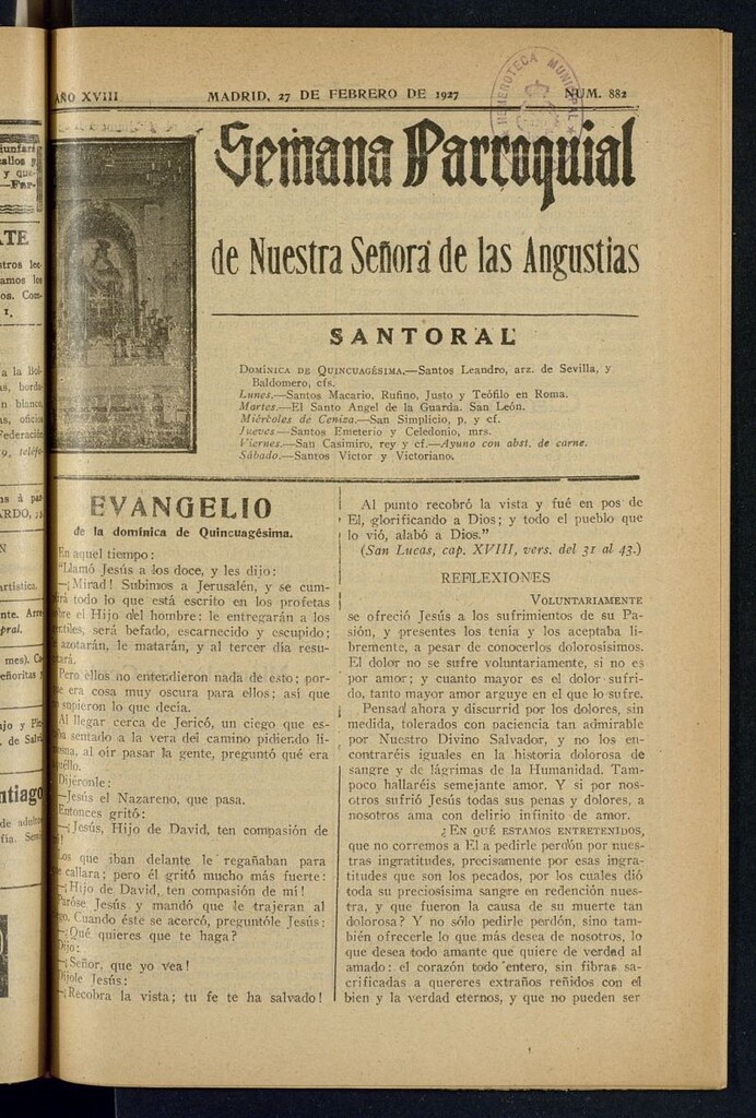 Miniatura de Semana Parroquial de Nuestra Señora de las Angustias del 27 de febrero de 1927