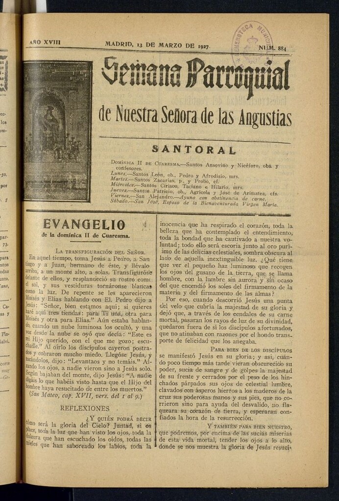 Miniatura de Semana Parroquial de Nuestra Señora de las Angustias del 13 de marzo de 1927