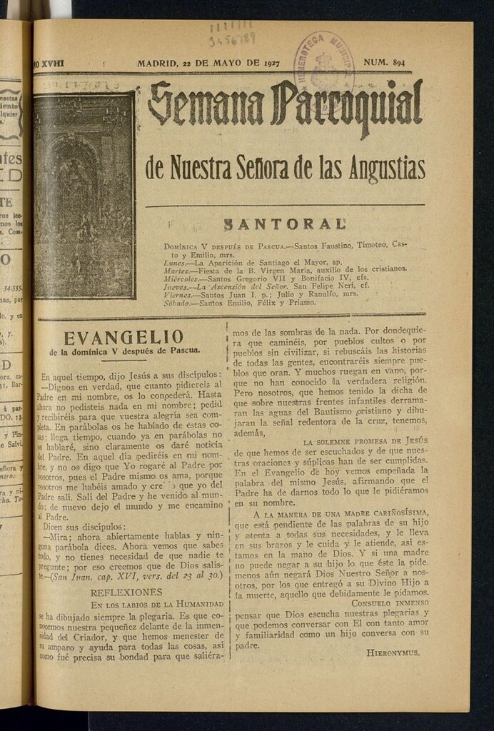 Miniatura de Semana Parroquial de Nuestra Señora de las Angustias del 22 de mayo de 1927