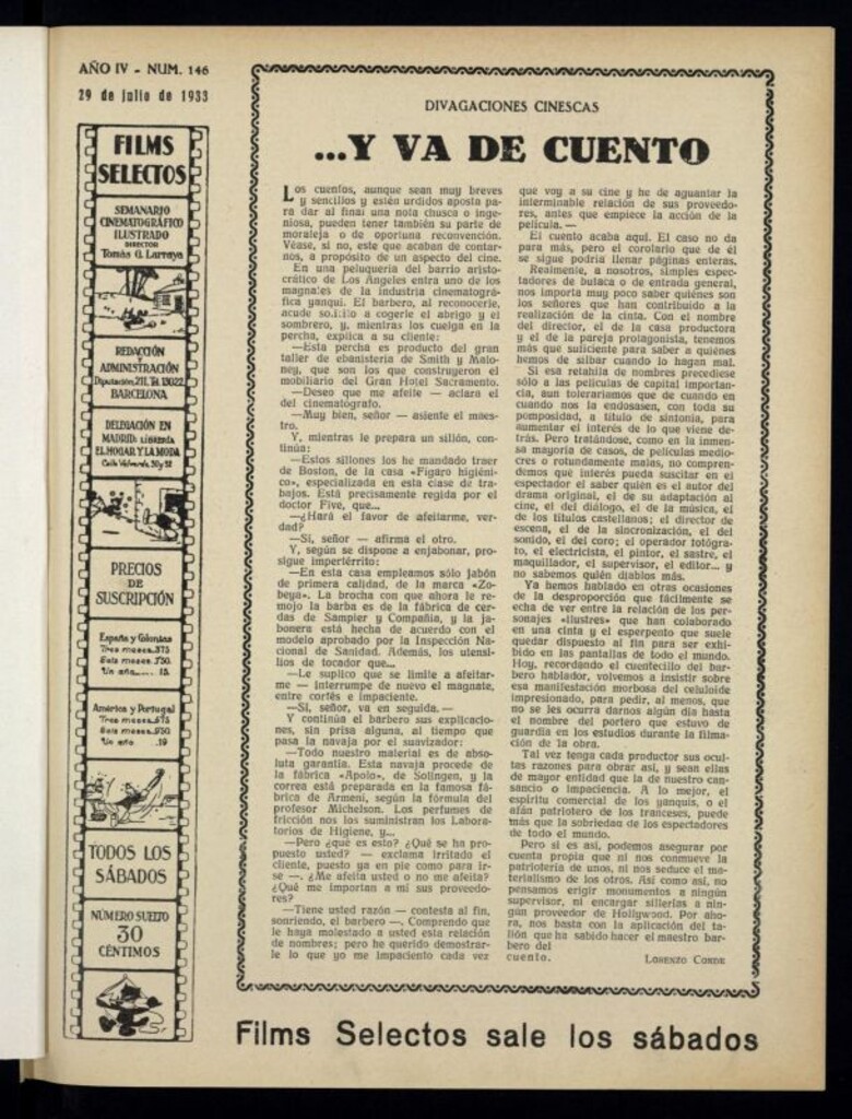 Miniatura de Films Selectos. 29 de julio de 1933, nº 146
