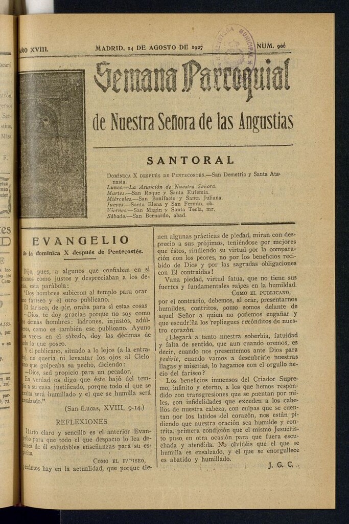Miniatura de Semana Parroquial de Nuestra Señora de las Angustias del 14 de agosto de 1927