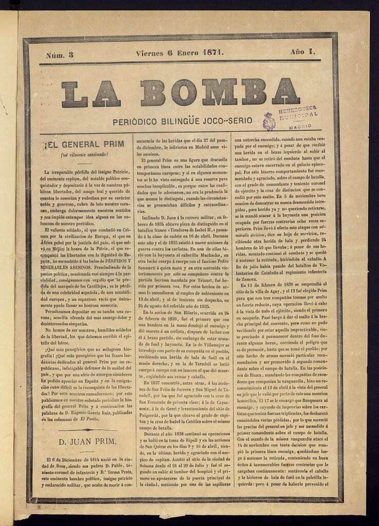 Miniatura de La Bomba: periódico bilingüe joco-serio del viernes 6 de enero de 1871, nº 3