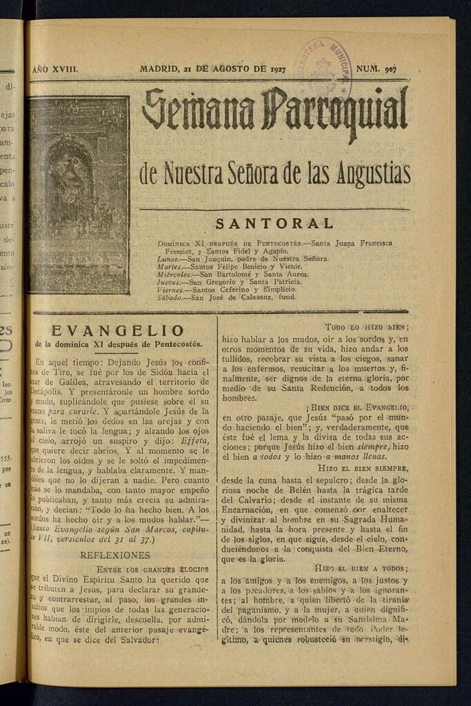 Miniatura de Semana Parroquial de Nuestra Señora de las Angustias del 21 de agosto de 1927