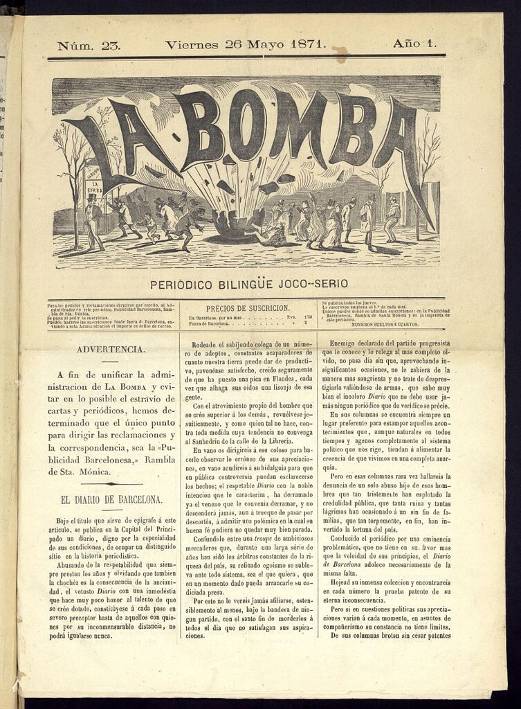 Miniatura de La Bomba: periódico bilingüe joco-serio del viernes 26 de mayo de 1871, nº 23