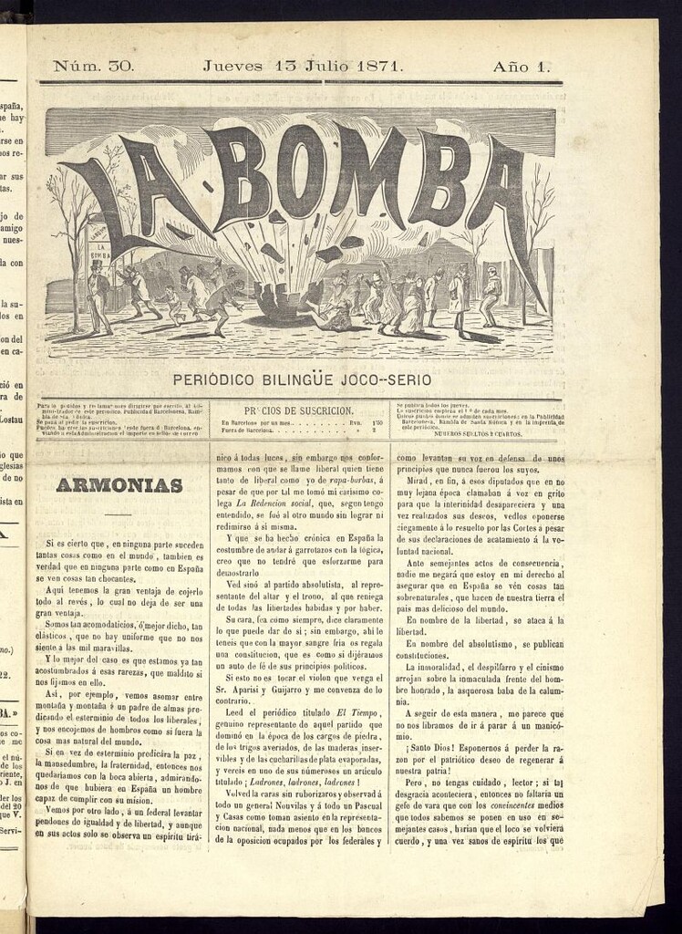 Miniatura de La Bomba: periódico bilingüe joco-serio del jueves 13 de julio de 1871, nº 30