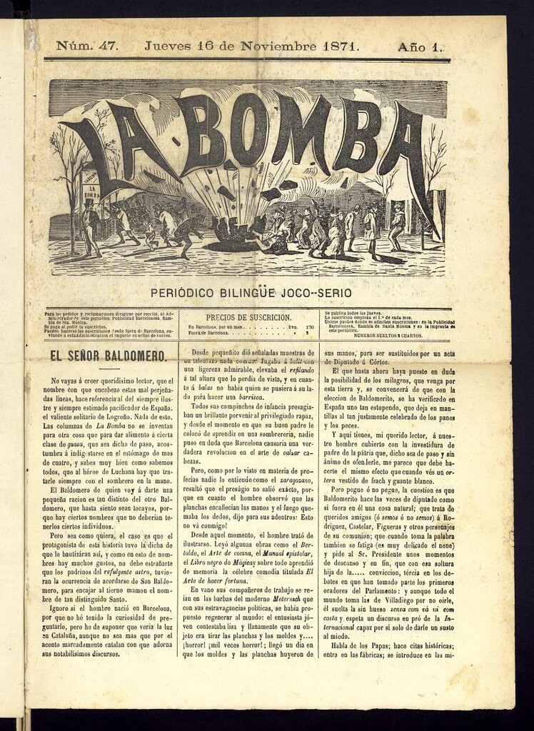 Miniatura de La Bomba: periódico bilingüe joco-serio del jueves 16 de noviembre de 1871, nº 47