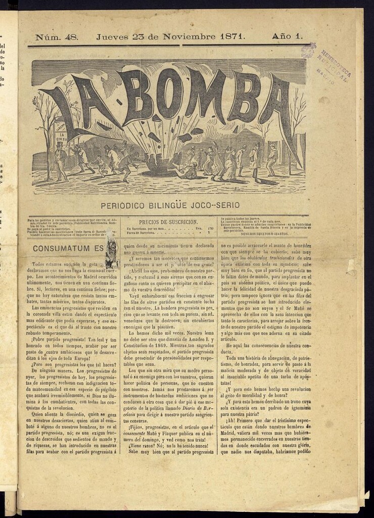 Miniatura de La Bomba: periódico bilingüe joco-serio del jueves 23 de noviembre de 1871, nº 48