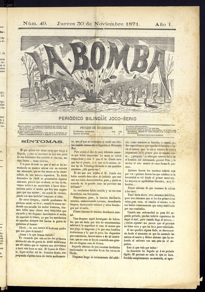 Miniatura de La Bomba: periódico bilingüe joco-serio del jueves 30 de noviembre de 1871, nº 49