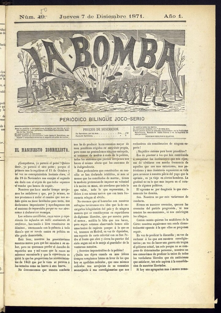 Miniatura de La Bomba: periódico bilingüe joco-serio del jueves 7 de diciembre de 1871, nº 50