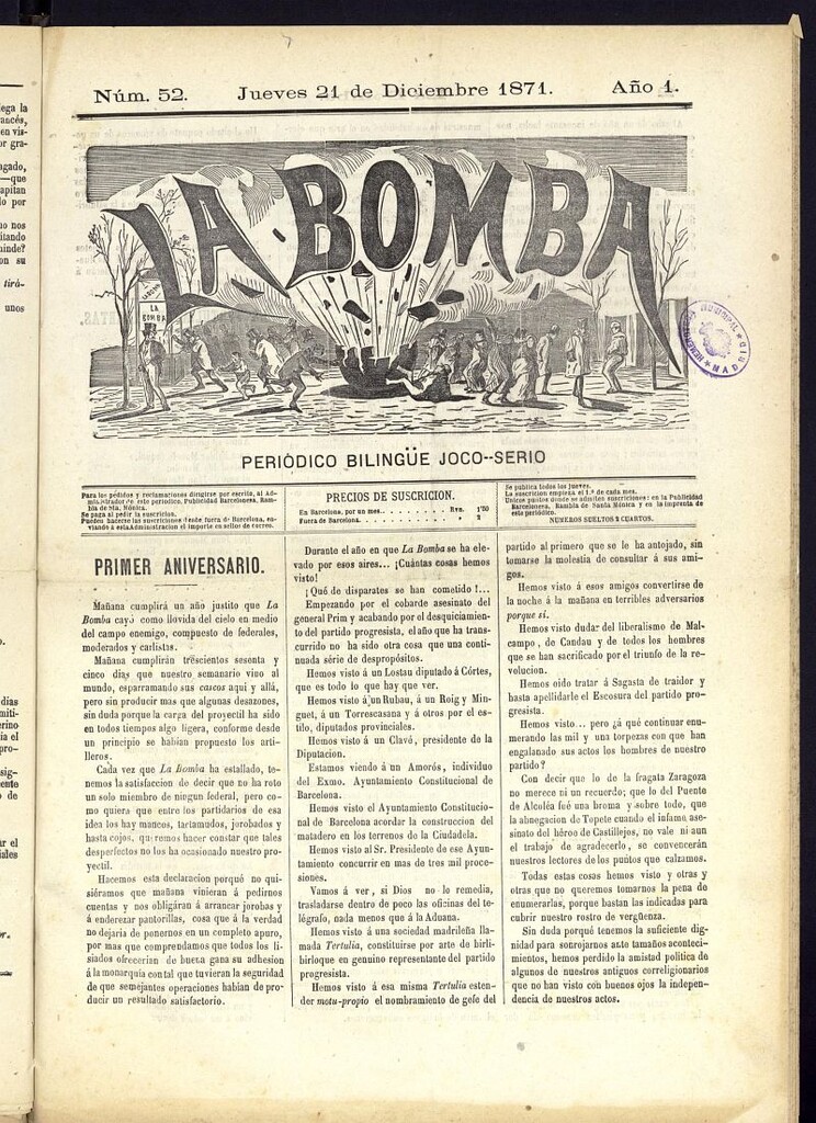 Miniatura de La Bomba: periódico bilingüe joco-serio del jueves 21 de diciembre de 1871, nº 52
