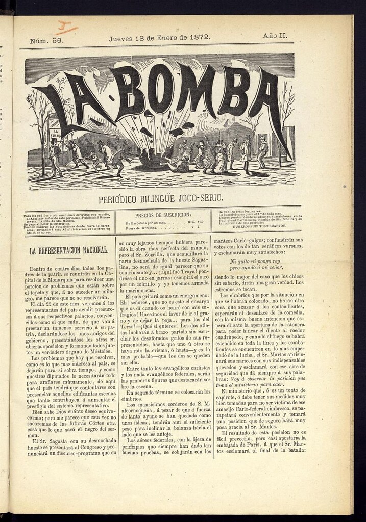 Miniatura de La Bomba: periódico bilingüe joco-serio del jueves 18 de enero de 1872, nº 56