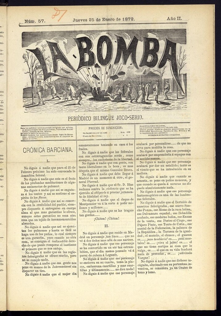 Miniatura de La Bomba: periódico bilingüe joco-serio del jueves 25 de enero de 1872, nº 57
