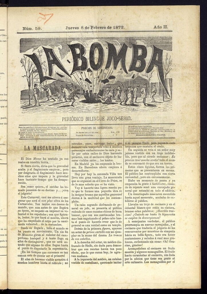 Miniatura de La Bomba: periódico bilingüe joco-serio del jueves 8 de febrero de 1872, nº 59