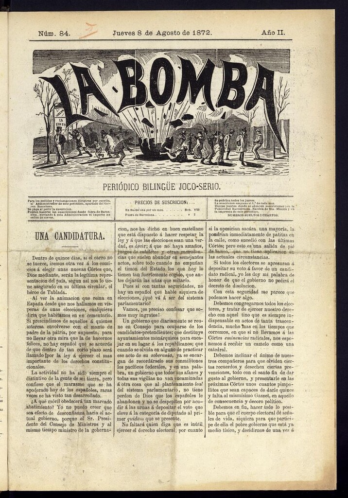 Miniatura de La Bomba: periódico bilingüe joco-serio del jueves 8 de agosto de 1872, nº 84