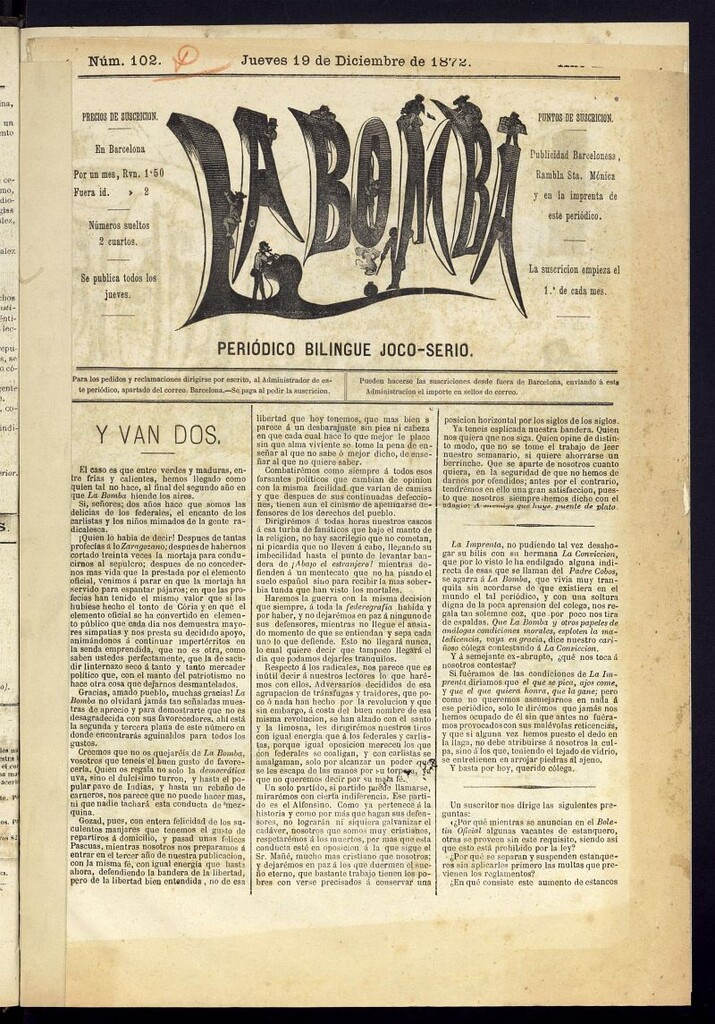 Miniatura de La Bomba: periódico bilingüe joco-serio del jueves 19 de diciembre de 1872, nº 102