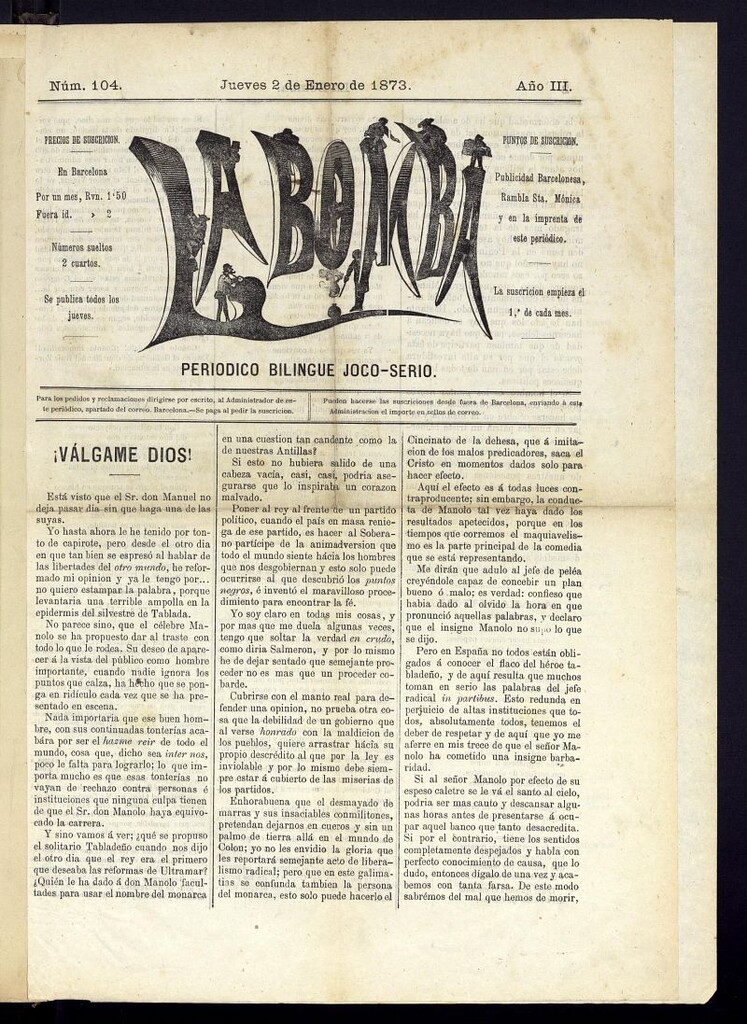 Miniatura de La Bomba: periódico bilingüe joco-serio del jueves 2 de enero de 1873, nº 104