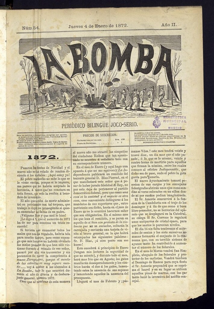 Miniatura de La Bomba: periódico bilingüe joco-serio del jueves 4 de enero de 1872, nº 54